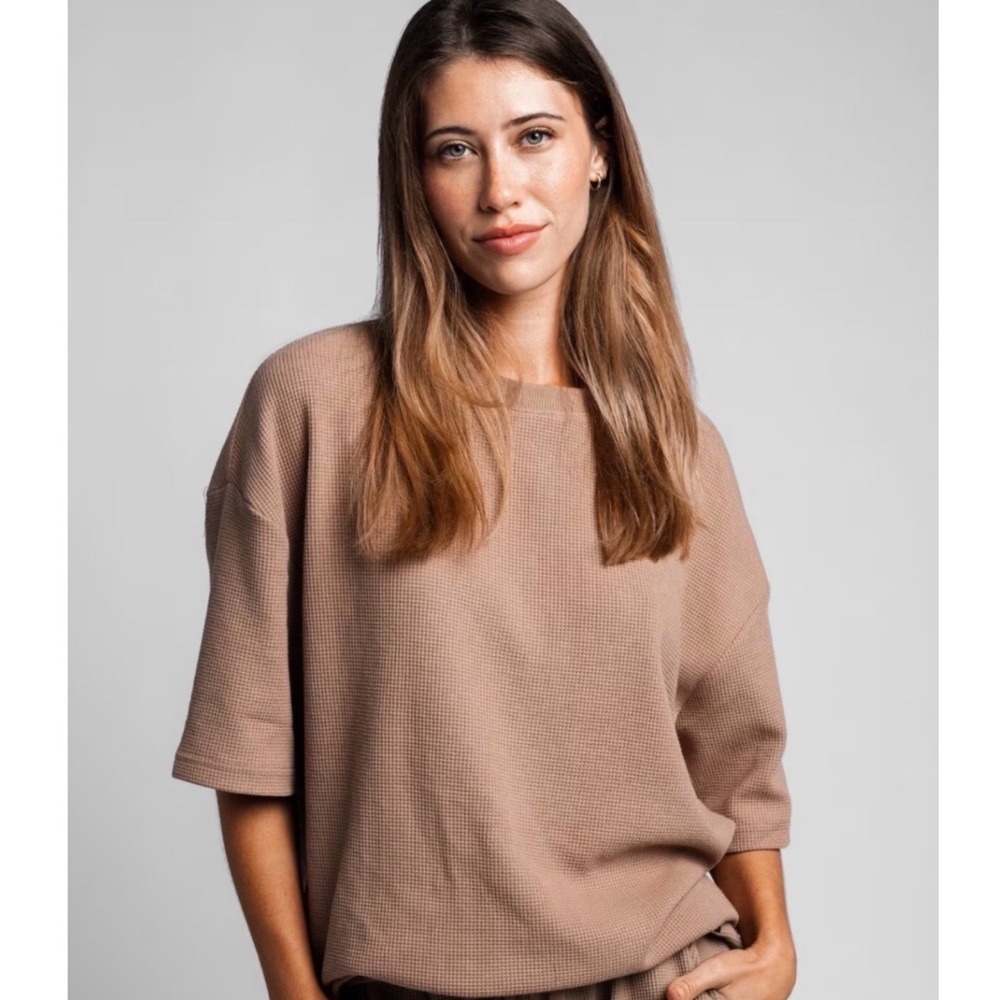 Comfrt Waffle Knit Oversized Tee Taupe Brown Thermal Short Sleeve Shirt Medium